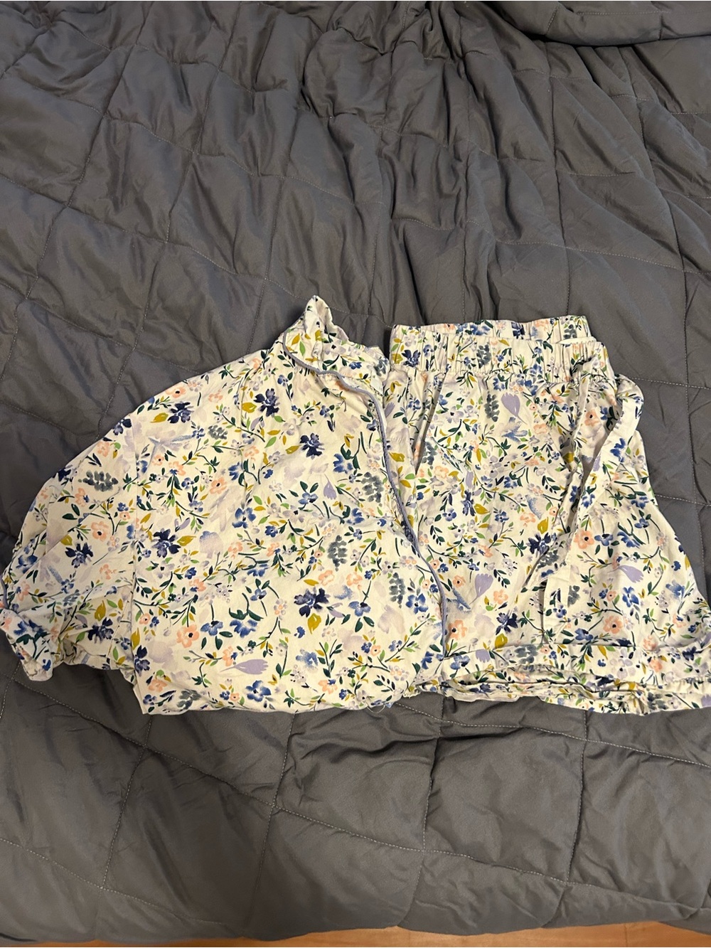 Floral Cotton Pajama Set - White with Blue & Yellow Floral Print